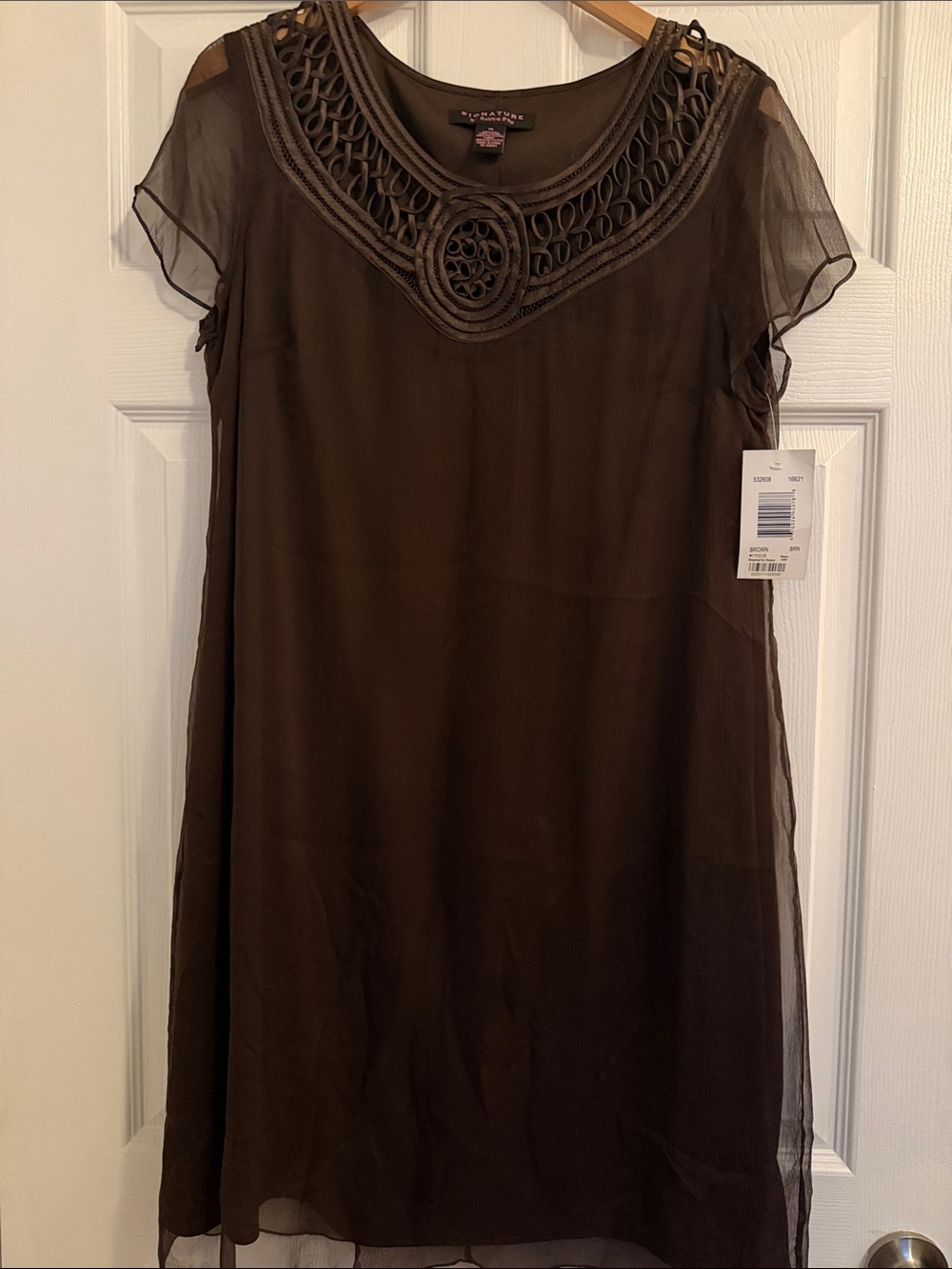 Signature by Robbie Bee Brown Sheer Overlay Dress with Decorative Yoke